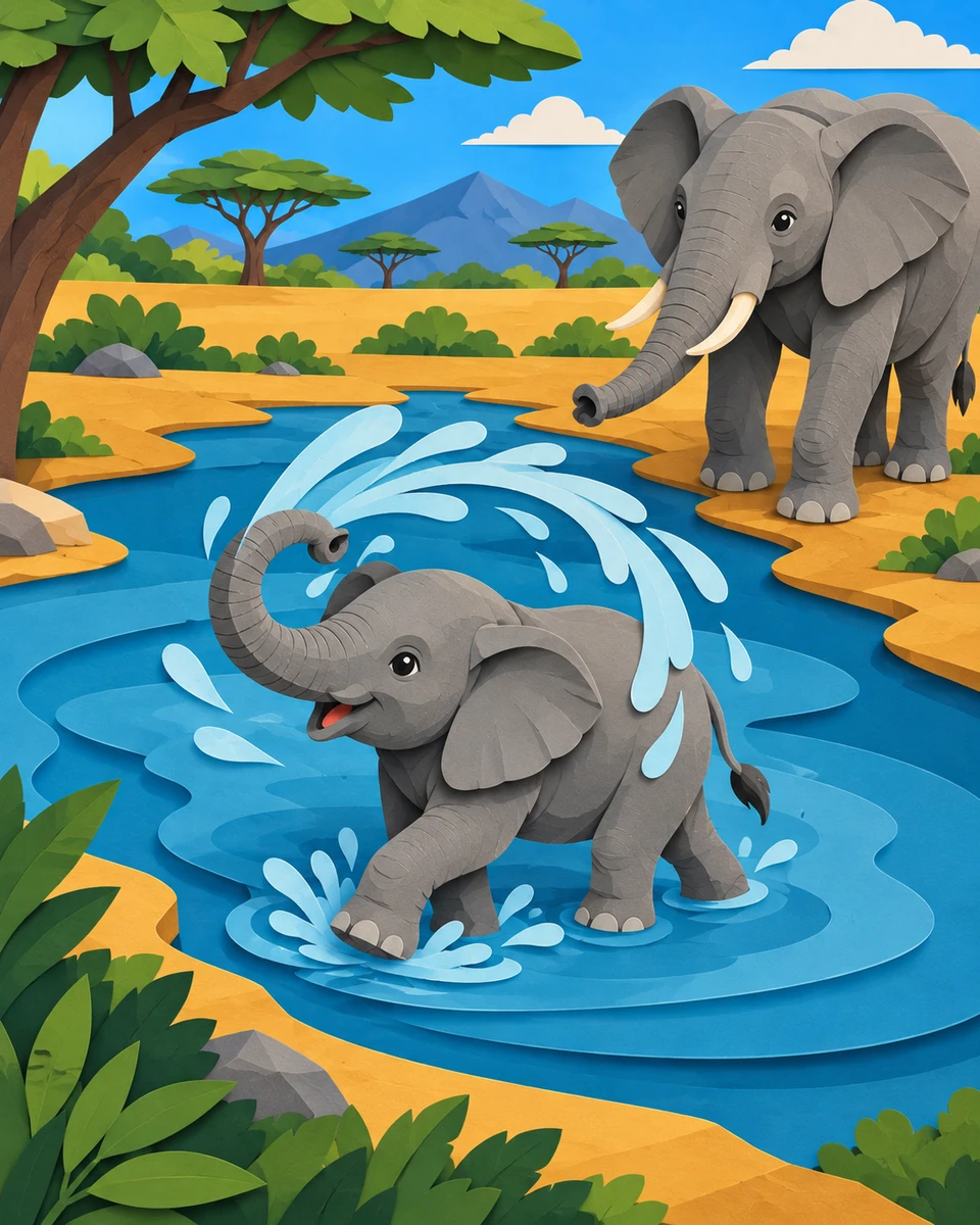 New elephants-at-a-waterhole render in the layered coloured-paper style