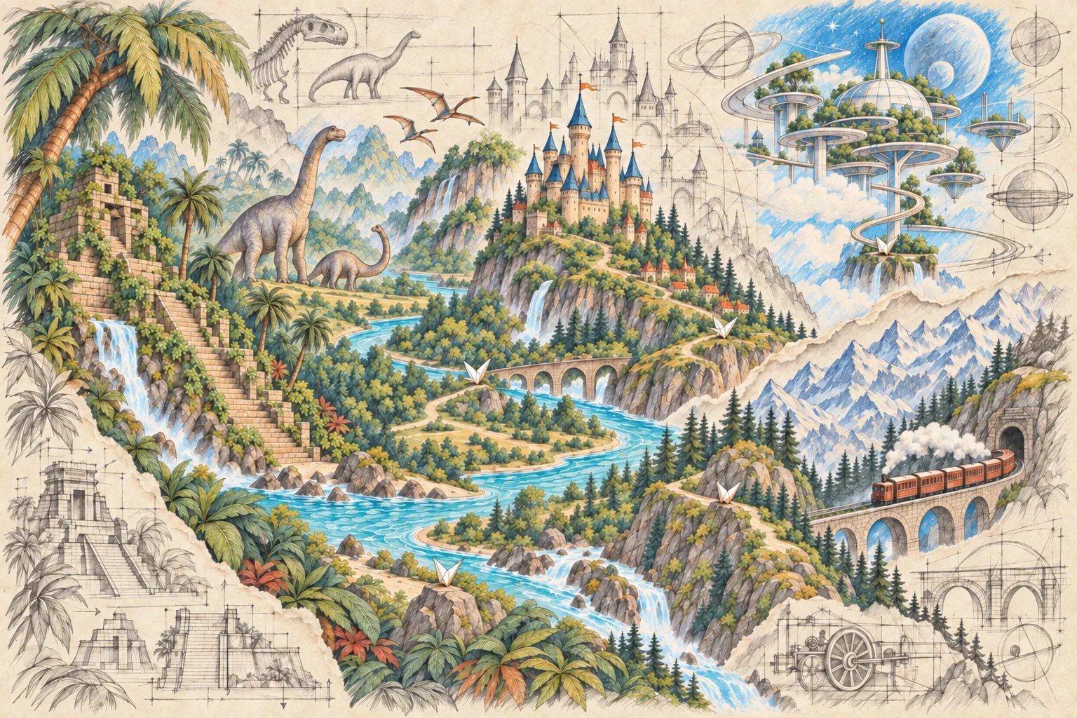 Карандашная карта пяти новых миров Paperlore с маршрутом и эскизами категорий