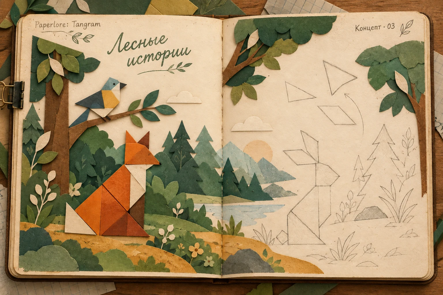 Paper forest book concept with a colourful fox and bird beside a pencil sketch of a rabbit