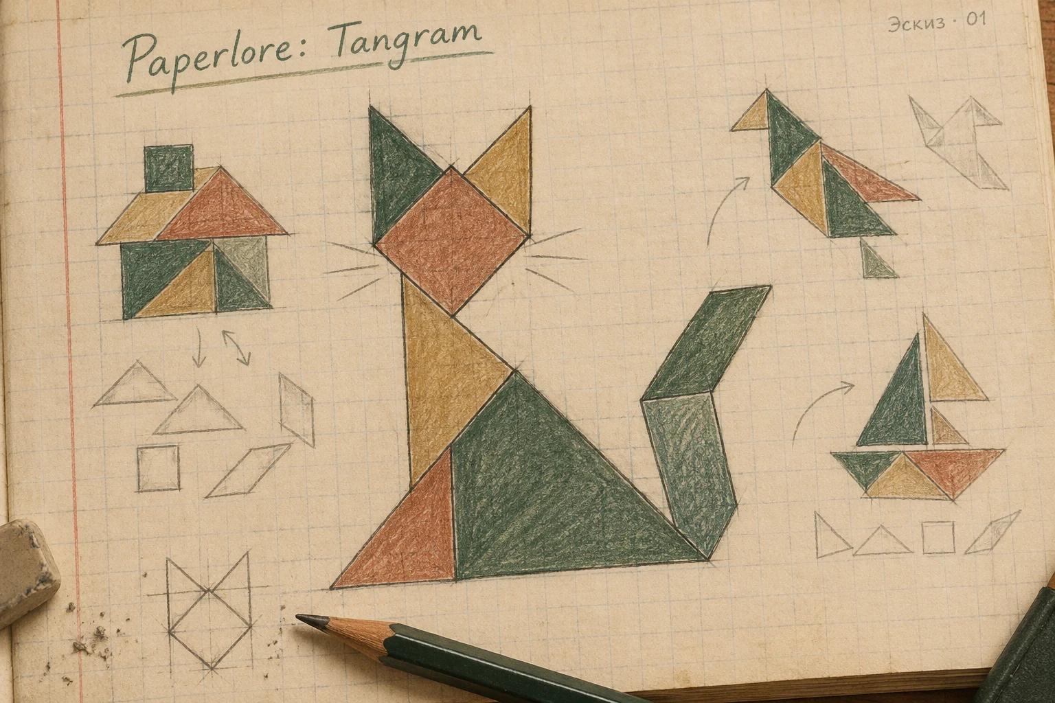 Early notebook concept showing a cat, house, bird and boat made from geometric shapes