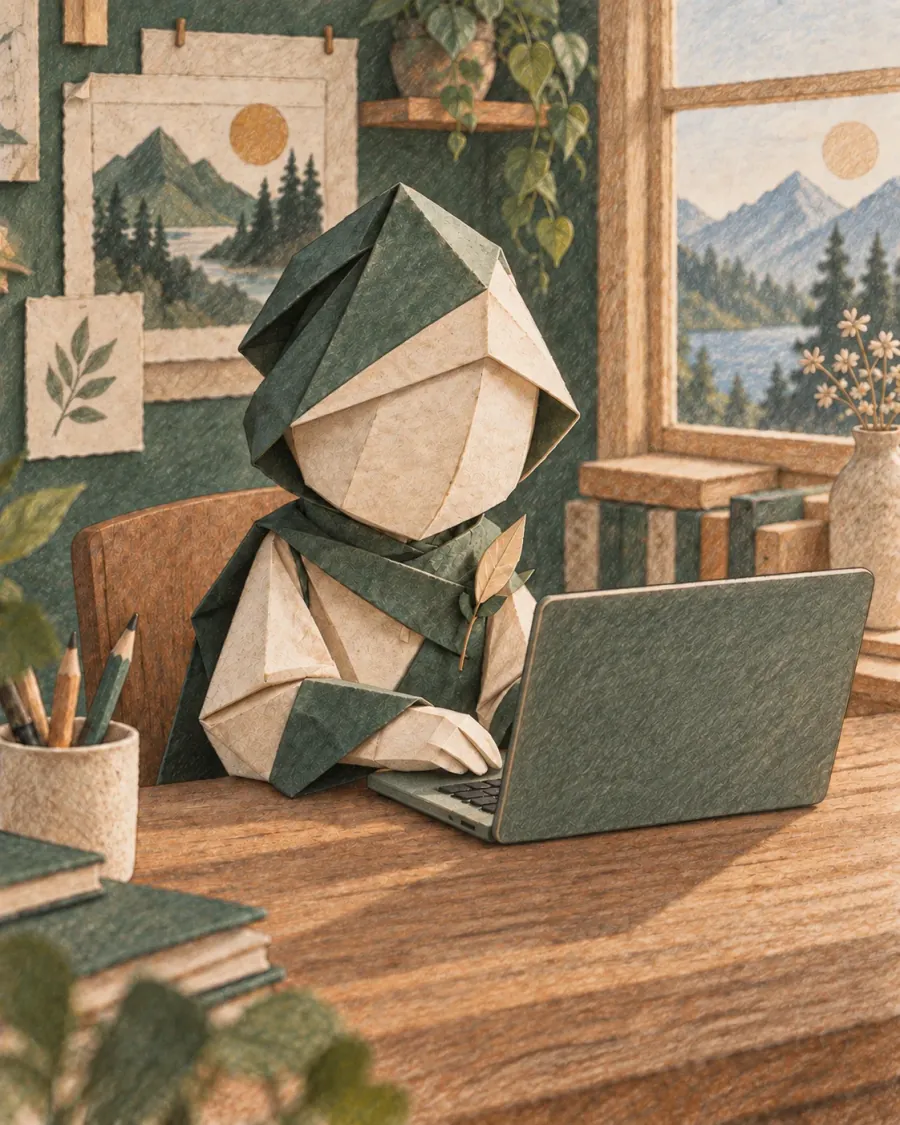 Карандашная иллюстрация Codex: фигурка из сложенной бумаги работает за ноутбуком